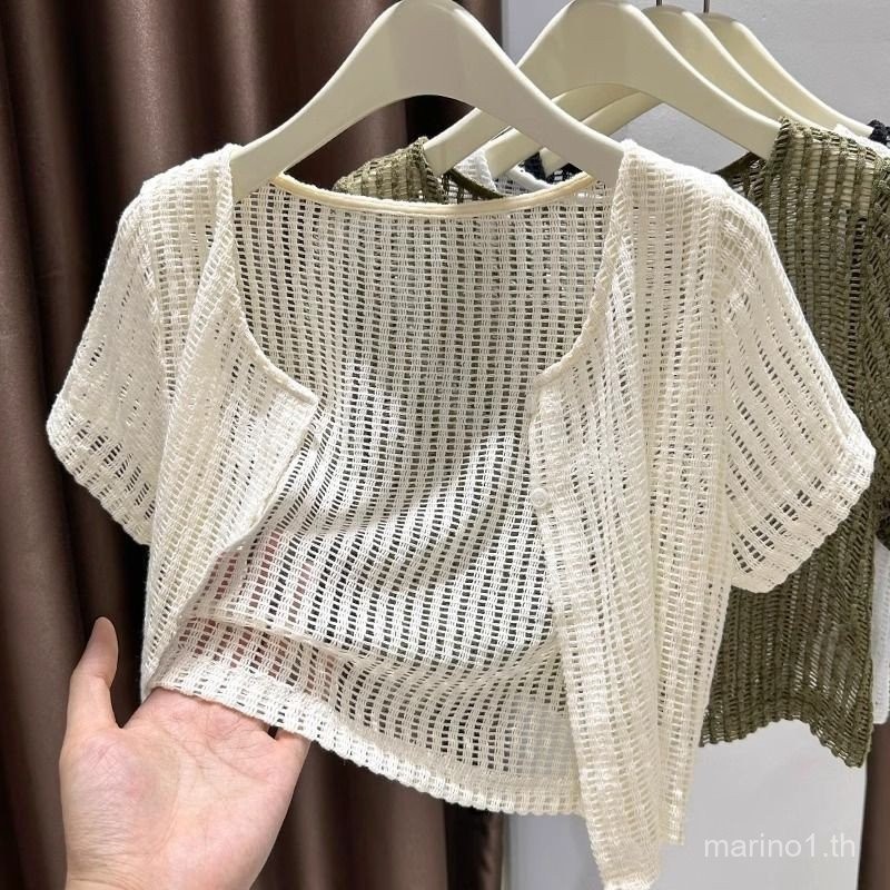 สไตล์เกาหลี ผู้หญิงฤดูร้อนเสื้อเบลเซอร์สีขาวสีดําแขนสั้น Shrugs ลูกไม้ Bolero filipiniana ด้านนอกเสื้อสเวตเตอร์ถักสําหรับผู้หญิงชุด