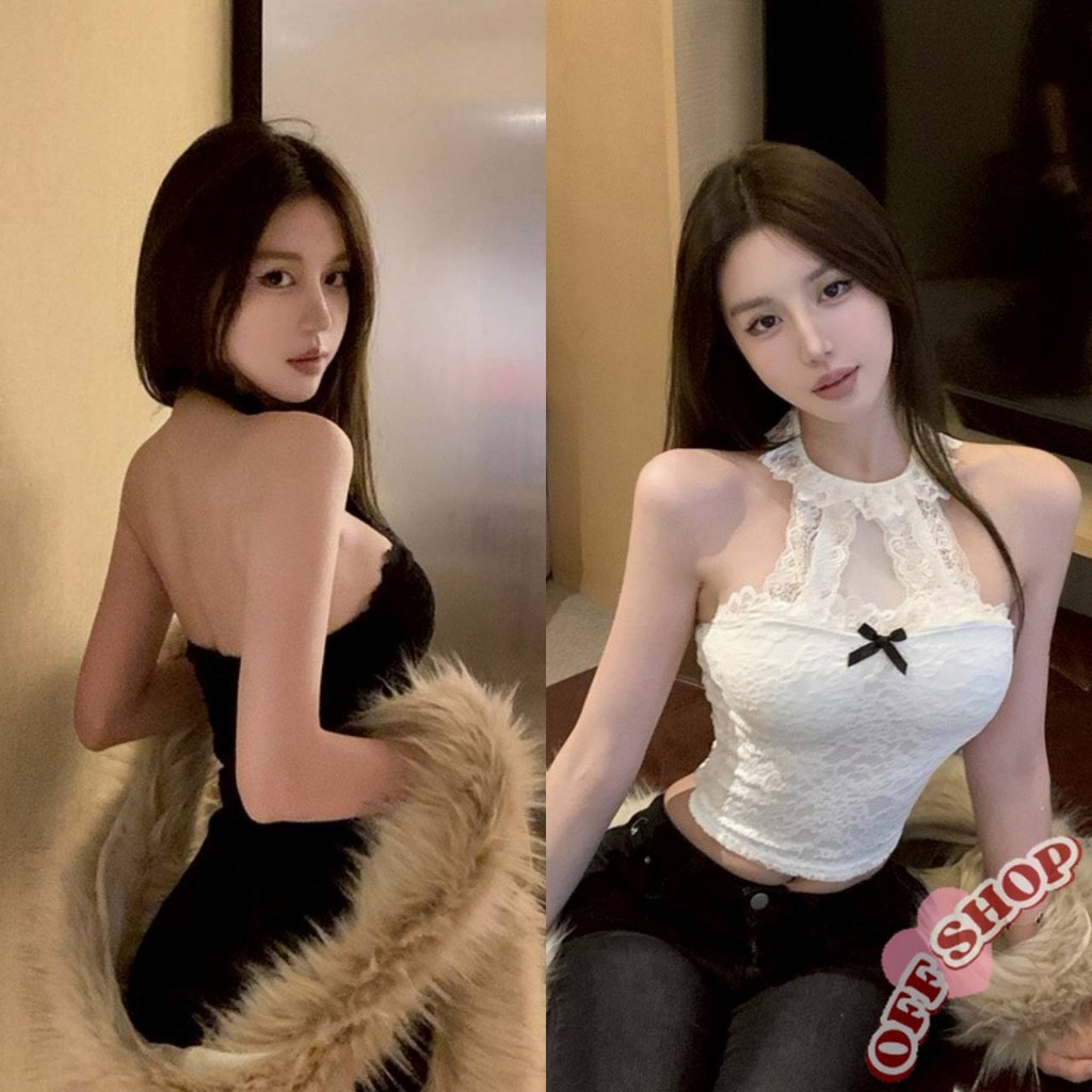 OFF SHOP 🥻ใหม่ 2025 เสื้อคล้องคอเว้าหลัง ดีเทลลูกไม้ติดโบว์ สีขาวดำ ' FY795