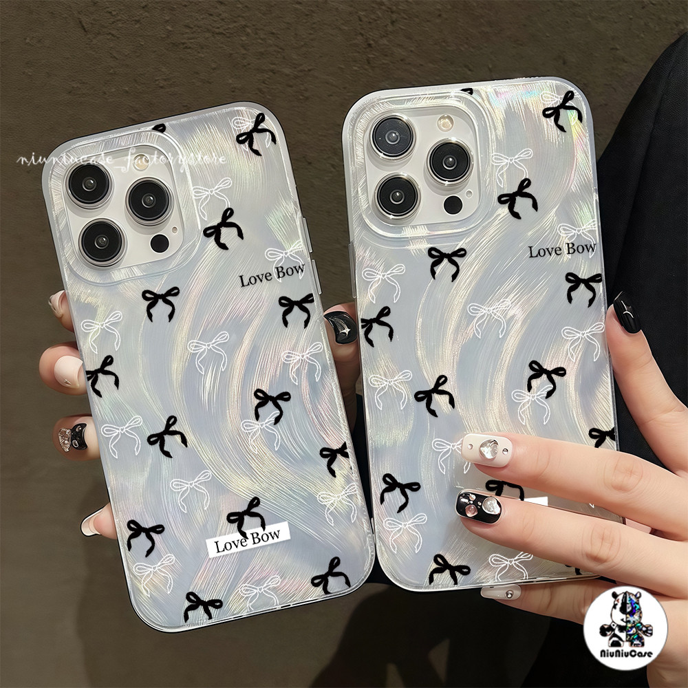 สําหรับ เคสไอโฟน13 โบว์สีดำ เคส Feather Case For iPhone 11 12 13 14 15 16 Pro Max X XR XS MAX 7P 8Plus SE เคสไอโฟนสวยๆ