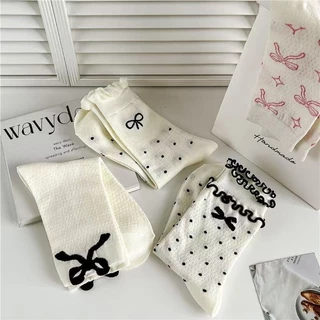 🍓EnJoy🍓พร้อมส่ง (WZ-04) ถุงเท้าข้อยาว ประดับโบว์ น่ารักหวาน สไตล์เกาหลี สำหรับผู้หญิง