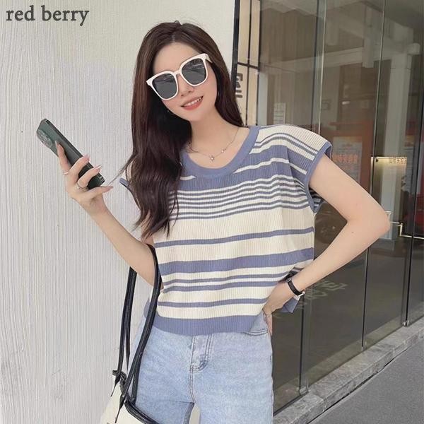 Red Berryเสื้อยืดแขนกุดลายทางสไตล์สาวฝรั่งเศสหวานๆ สำหรับผู้หญิงในช่วงฤดูร้อนTA126