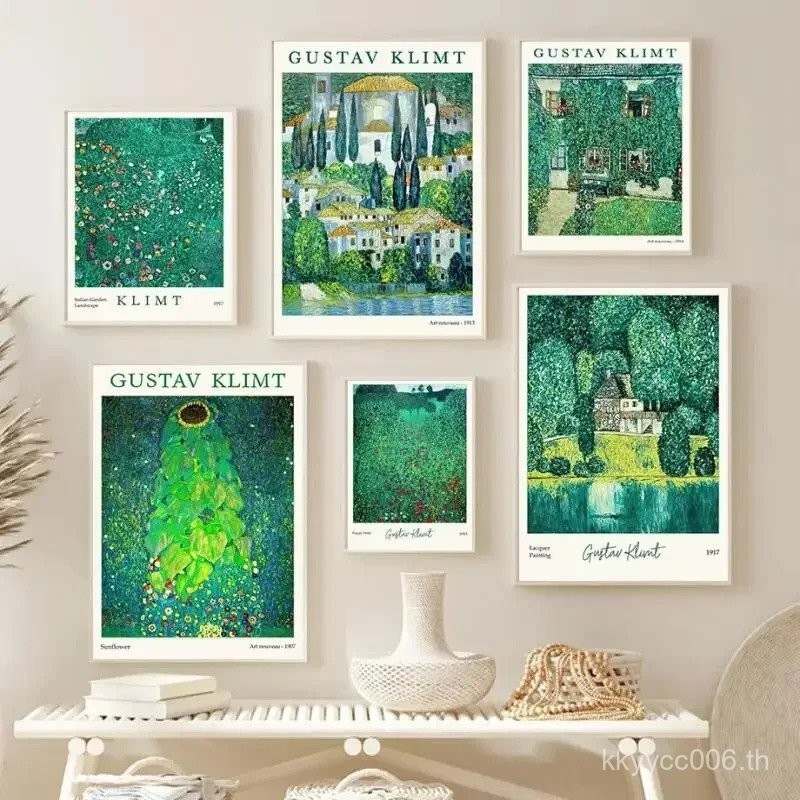 ภาพวาดผ้าใบ Gustav Klimt แรงบันดาลใจดอกไม้สีเขียว Garden Flora Lady Wall Art Nordic โปสเตอร์, เหมาะส