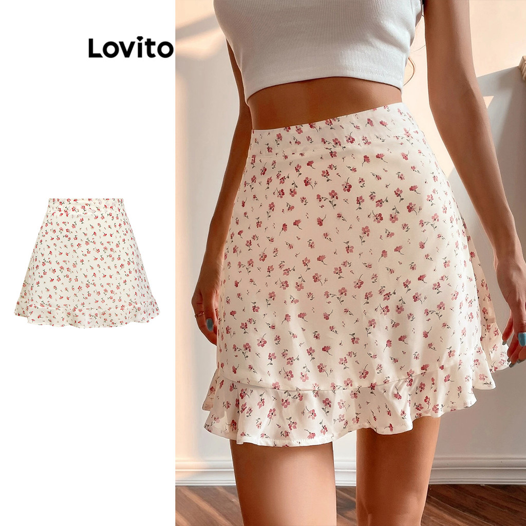 Lovito กระโปรงผู้หญิง มีระบาย พิมพ์ลายดอกไม้ สไตล์โบโฮ L80ED210