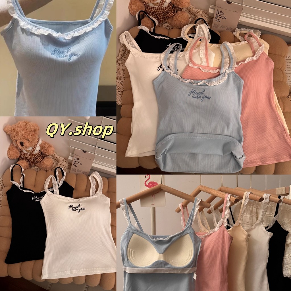 QY.Shop⭐️เสื้อสายเดี่ยว มีฟองน้ำ ใส่สบาย สัพาสเทล ดีเทลปักลายตัวอักษร 