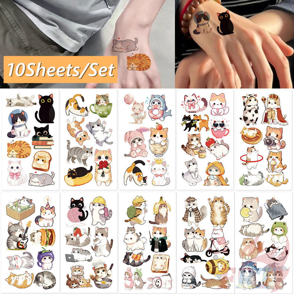 10แผ่น/ชุด ❤ สติ๊กเกอร์รอยสักชั่วคราวแมวการ์ตูนน่ารัก ❤ รอยสักกันน้ําสําหรับแขนเซ็กซี่กระดูกไหปลาร้าร่างกายศิลปะมือเท้า