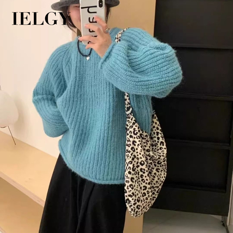 IELGY สไตล์เกาหลีคอกลมเสื้อสวมหัวเสื้อกันหนาวผู้หญิงสไตล์ขี้เกียจหลวมถักด้านบน