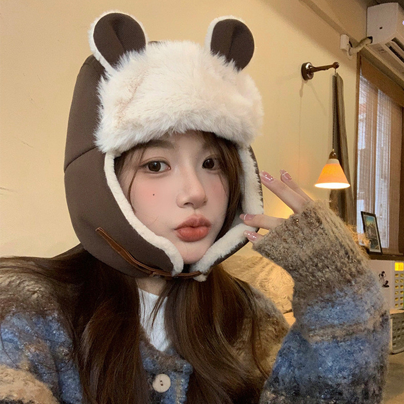 ญี่ปุ่นฤดูหนาวที่อบอุ่นน่ารักหมีน้อยหูหมวกผู้หญิงกํามะหยี่หนาขี่หมวกกันลม
