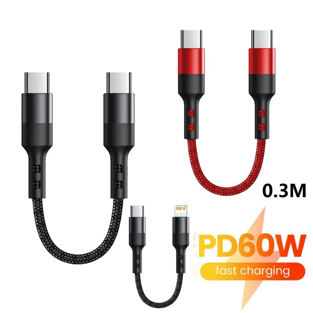 30 ซม.สั้นสาย PD60W ประเภท C ถึง USB C สาย Fast Charging USB Charger ข้อมูลสําหรับ Samsung Power Bank สาย USB Type C
