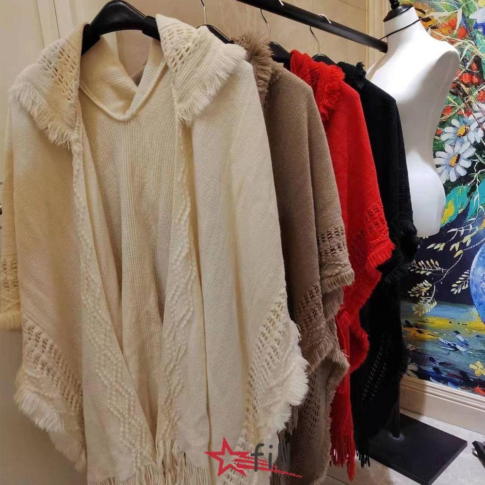 Fill Hooded ผ้าคลุมไหล่ถัก, เสื้อคลุมฤดูหนาว Warm สุภาพสตรีพู่ Cape, Bohemian Oblique Stripe Wraps ผ้าพันคอ Coat