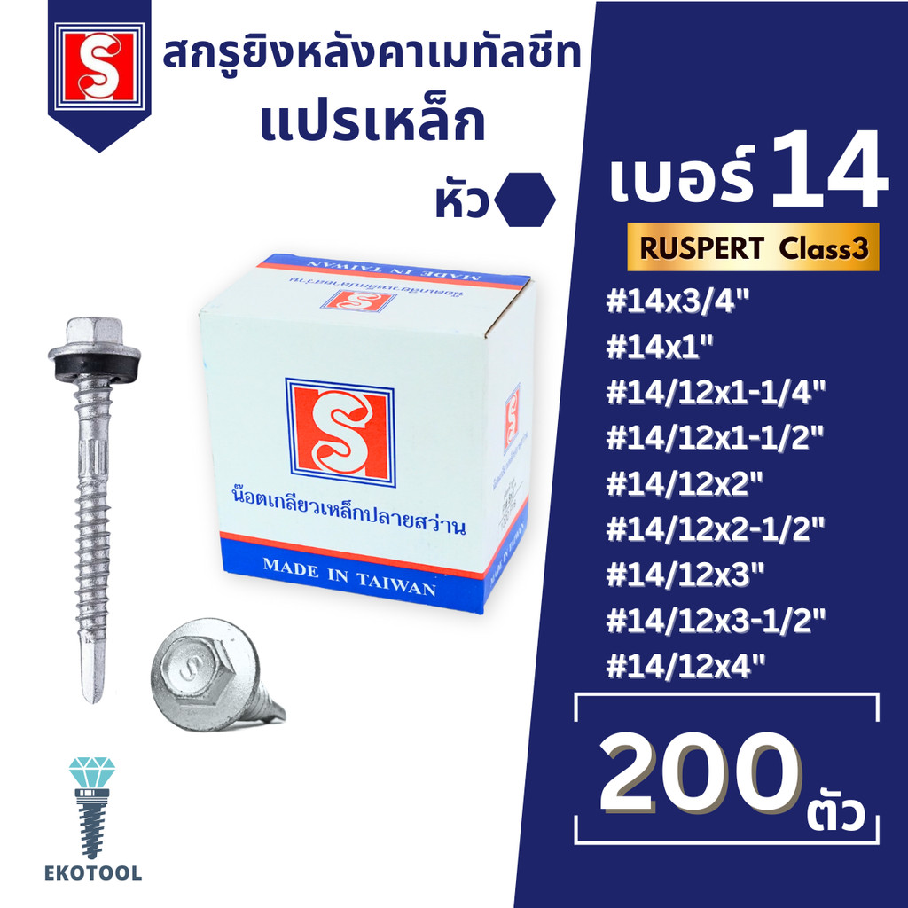 IEPERNG สกรูยิงเมทัลชีท แปเหล็ก (HC) #14/12 มีแหวนยาง Class3 ยกกล่อง 200 ตัว สกรูยึดหลังคา ปลายสว่าน