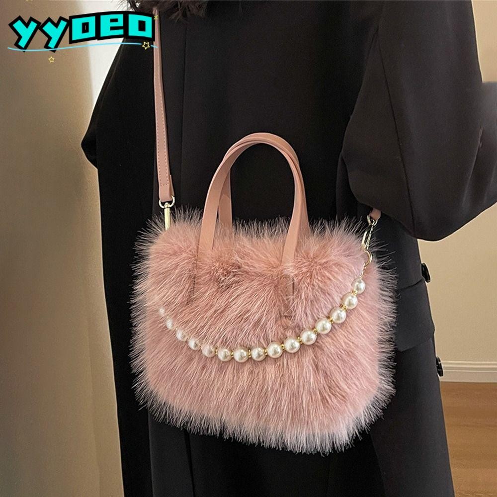 Yyoeo กระเป๋าสะพาย,เพิร์ลโซ่ขนยาวFaux Furryกระเป๋าถือ,แฟชั่นยาวPlushขนาดใหญ่ความจุToteกระเป๋าสําหรับผู้หญิงสาว