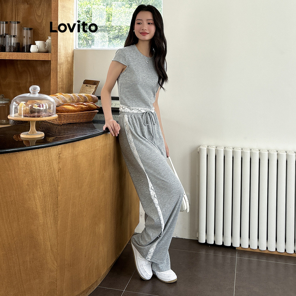 Lovito ชุดกางเกงผูกเชือกสีพื้นลำลองสำหรับผู้หญิง L108ED178