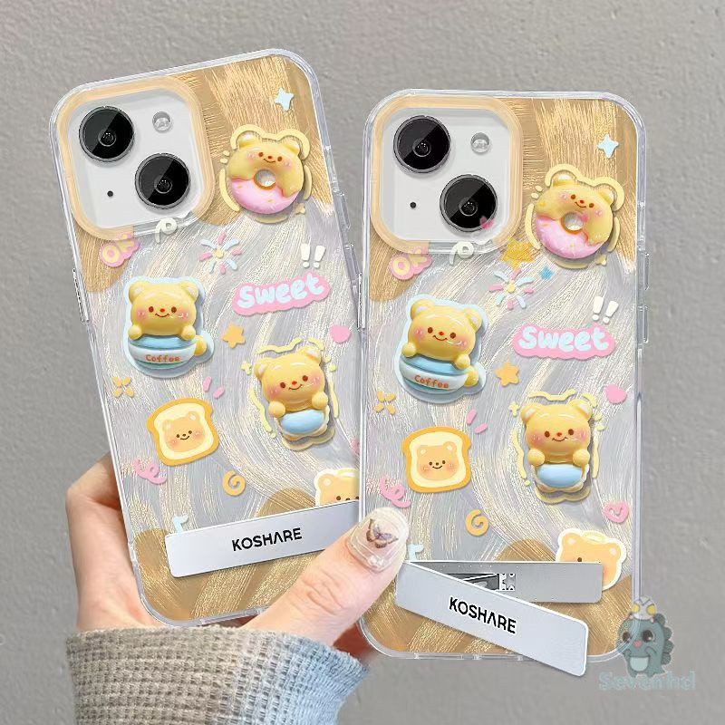 สําหรับiphone 11 13 14 15 16 Pro XR X Xs Max 7 8 Plus SE 2020 น่ารักโดนัทเนยหมีขนมปังเคสโทรศัพท์พร้อมที่วางพับLuxury Ultraเลเซอร์ขนนกเส้นด้ายกันกระแทกTPUปกหลัง