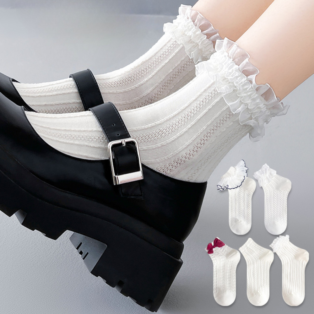 Lolita ถุงเท้าผู้หญิงกลางหลอดผ้าฝ้ายแท้ไม่มีกระดูกน่ารัก Milky ถุงเท้าสีขาวญี่ปุ่นฤดูใบไม้ผลิและฤดูใบไม้ร่วง Jk ลูกไม้สีขาวเจ้าหญิงถุงเท้า
