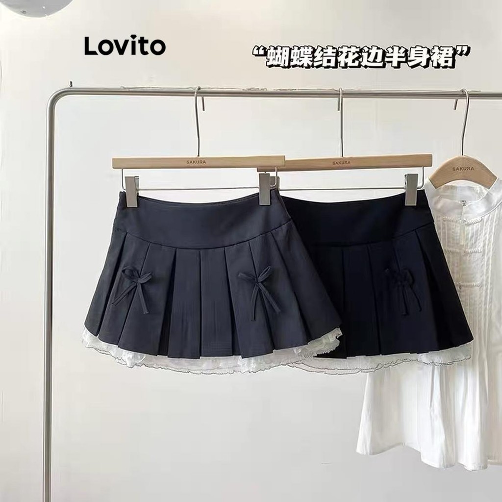 Lovito กระโปรงพลีท แต่งโบว์ สีพื้น สไตล์ลำลอง สำหรับผู้หญิง LNA68298