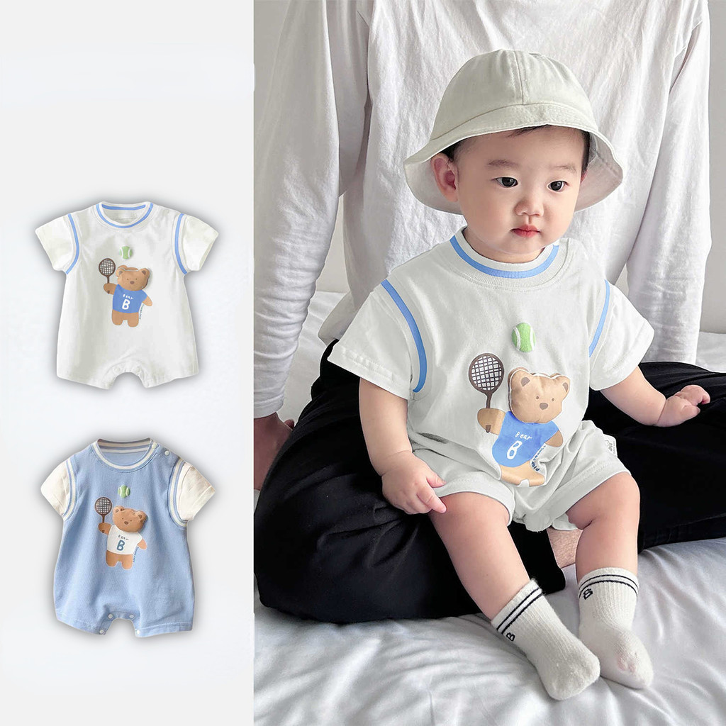 ฤดูร้อนใหม่เสื้อผ้าเด็กชายและหญิงกีฬาสไตล์บอดี้สูทแขนสั้น 0-24 เดือนเด็ก สุด ๆ หล่อการ์ตูนหมีย์ สไตล์เกาหลีเสื้อผ้าออกนอกบ้าน