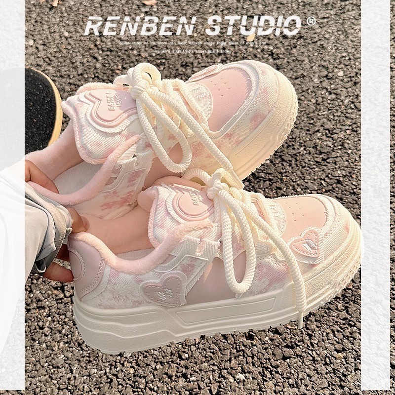 Renben รองเท้าโลฟเฟอร์กีฬาลําลองพื้นหนาสีชมพูใหม่ของผู้หญิง