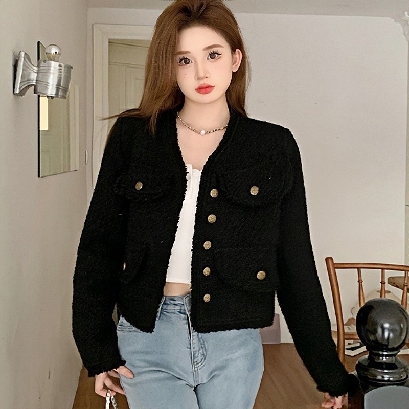 KaeKai พร้อมส่ง เสื้อคลุม คอกลม แขนยาว สำหรับสตรี แต่งขาดรุ่ยชายผ้า กระเป๋าแต่ง ผ้าทวิต สไตล์เกาหลี