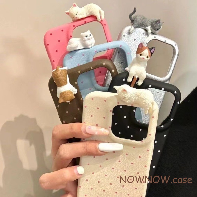 สําหรับ IPhone 16 15 14 13 12 11 Pro Max X XR XS Max 7 8 Plus การ์ตูนน่ารัก 3D แมวลายจุดหนังเคสโทรศัพท์ Soft cove