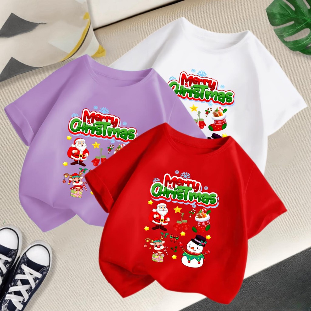 3-12 ปี 2025 Merry Christmas เสื้อยืดแขนสั้นเด็กชายและเด็กหญิง, คอกลมขนาดใหญ่เด็กด้านบน, สีทึบเสื้อผ้าเด็กอเนกประสงค์ Baju-t