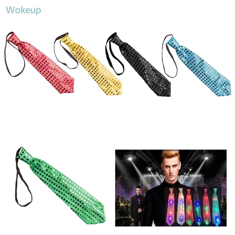 Wake Sparkly Sequins Pre-Tied Tie LED Light Up เนคไทสําหรับงานปาร์ตี้คริสต์มาสเครื่องแต่งกาย