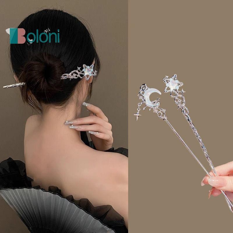 [Boloni] Vintage Moonstone Star Moon Hair Sticks สําหรับผู้หญิงสาวสไตล์จีนSelผมสับประณีตอุปกรณ์เสริมผมของขวัญใหม่