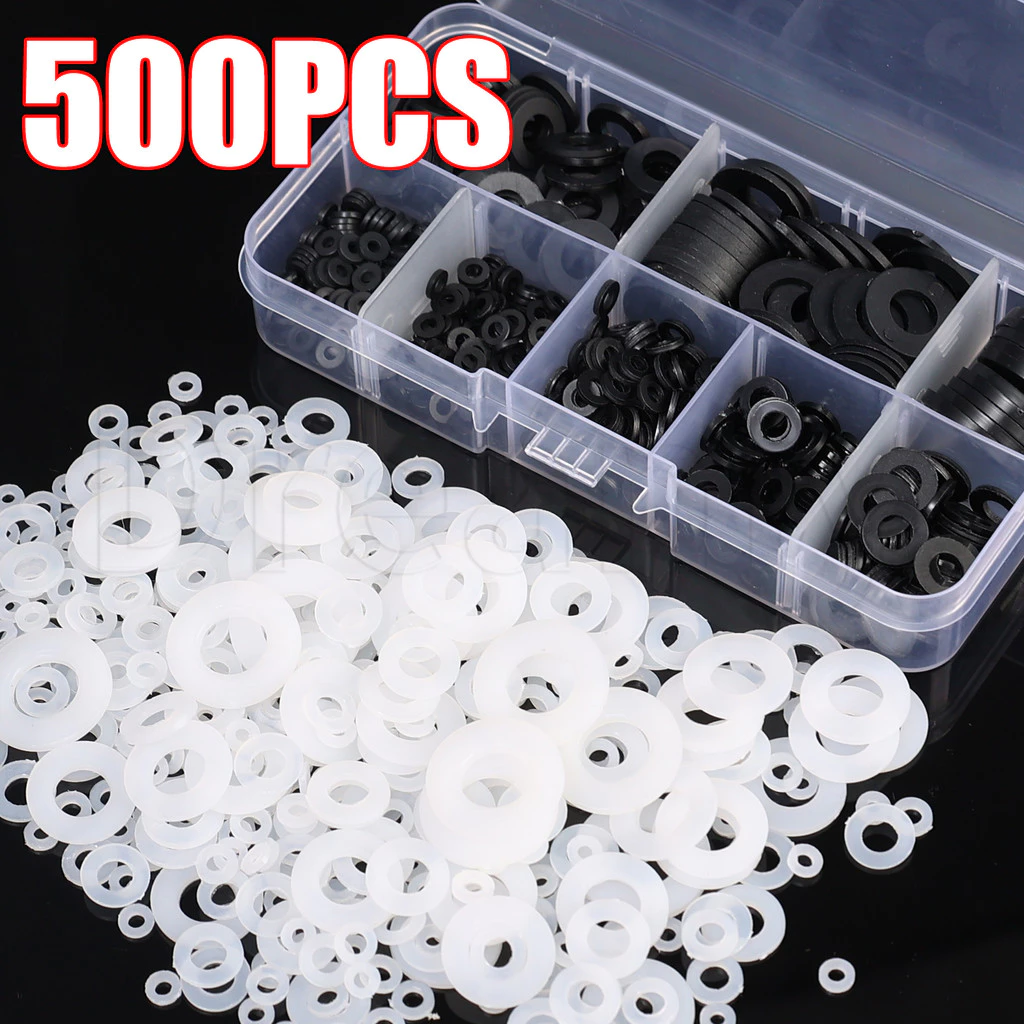 500 ชิ้นไนลอนแบนเครื่องซักผ้า Assortment Kit - M2-M10 Plane Spacer แหวนปะเก็นฉนวน - Universal Fasteners เครื่องมือ - 8 ขนาดซีลปะเก็นแหวนชุด - อุปกรณ์ซ่อมบ้าน