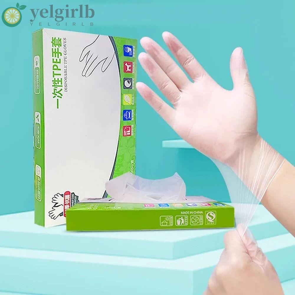 Yelgirlb ถุงมือแบบใช้แล้วทิ้ง 100 ชิ้น, ถุงมือทําความสะอาดโปร่งใสเกรดอาหาร, ความปลอดภัยในการทํางานกรด TPE ถุงมือยางลาเท็กซ์กันลื่นฟรี