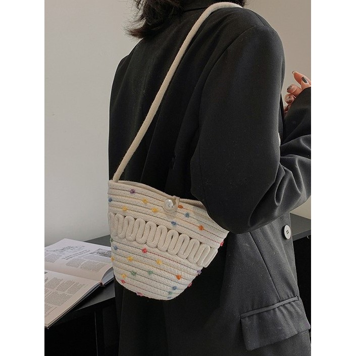 พร้อมส่ง กระเป๋าเชือกถักมุก เล่นลาย เชือกฝ้าย สายยาว งานเกรดพรีเมี่ยม P283