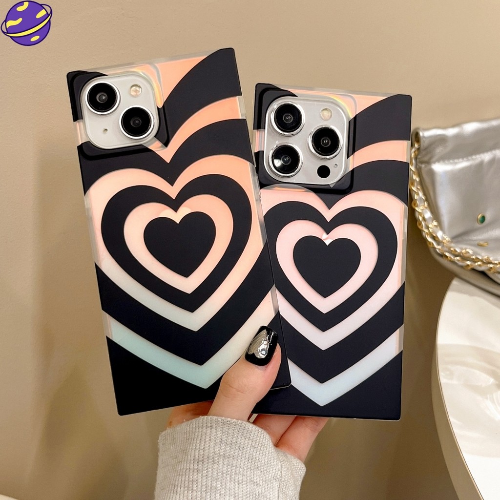 Square Laser Gradient เคสโทรศัพท์รูปหัวใจเหมาะสําหรับ IPhone 16 15 14 13 12 Pro Max Double-layer IMD Chameleon Straight Edge Soft Cover TPU Silicone Anti Drop Casing