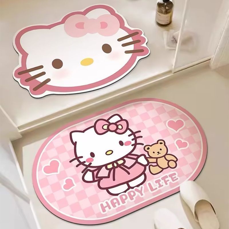 Hello Kitty น่ารักนุ่มไดอะตอมโคลนห้องน้ําดูดซับเสื่อปูพื้นห้องน้ํากันลื่นเสื่อเท้าเสื่อประตู