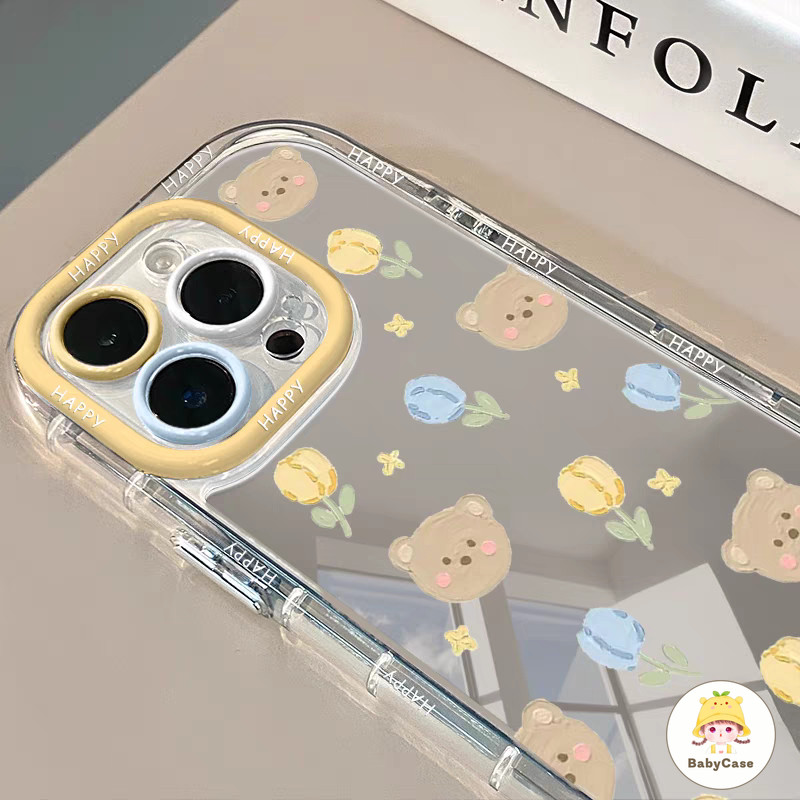 เคสไอโฟน 11 สำหรับ iPhone 15 11 16 13 12 14 Pro Max XR 8 7 15 16 Plus XS X Max กระจกแต่งหน้าหมีดอกไม้สดพร้อมฝาปิดแบบนุ่ม