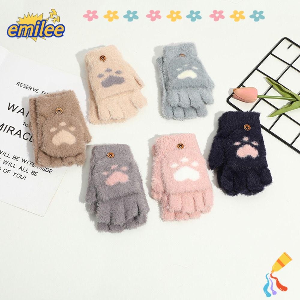 Emilee ถุงมือแมว, Fingerless การ์ตูน Flip ถัก Mittens, แฟชั่น Warm ขนแกะ Soft Plush Thicken ถุงมือฤดูหนาวผู้หญิงหญิง