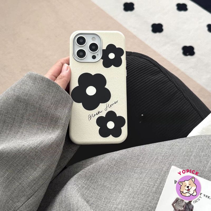 ดอกไม้สีดําสําหรับ iPhone 16 16Pro 16Plus 16Pro Max 11 12 13Pro Max 14Plus 15Pro เคสโทรศัพท์ XR XS Max 7 8Plus SE2020 การ์ตูนฝาครอบโทรศัพท์หนังนุ่มสาวผู้ชาย Weman SP
