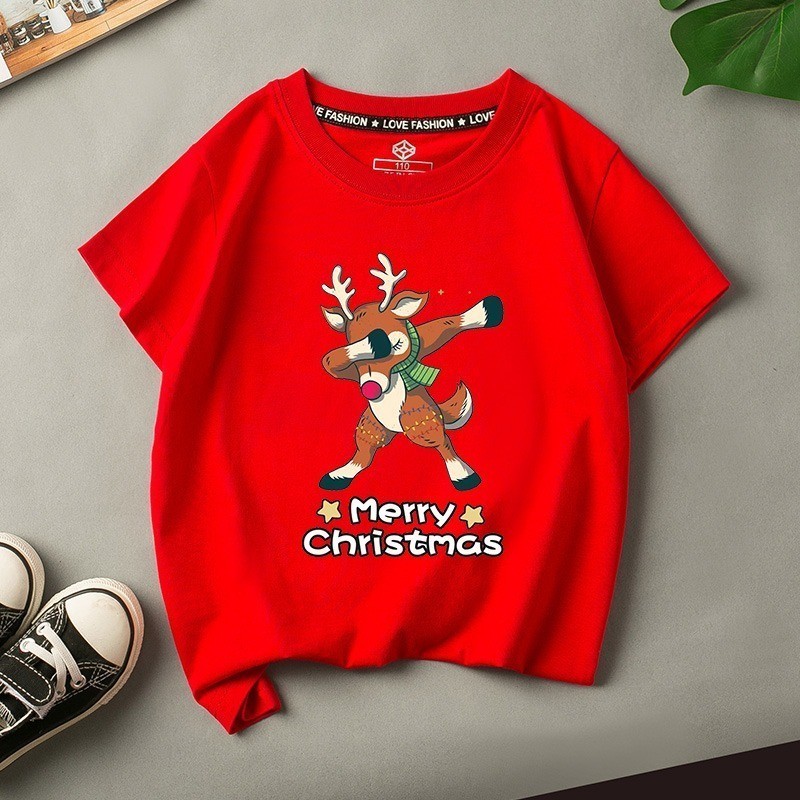 (จัดส่งตลอด 24 ชั่วโมง)Joyful Kids Christmas เสื้อยืดแขนสั้นสีแดงสดสําหรับฉลองวันหยุด 100-150