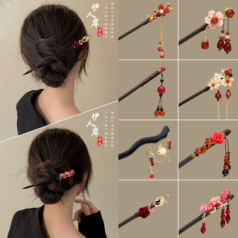 สไตล์โบราณพู่กิ๊บแผ่นไม้จันทน์สีดําใหม่สไตล์จีน ฮันฟู อุปกรณ์เสริม