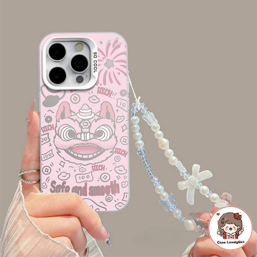 ส่งจากไทย การ์ตูนสิงโตสีชมพ เคส IPhone 16 11 15 14 13 Pro Max XR 13 12 Pro 7 8Plus SE X Xs Max Hard Case with Lanyard