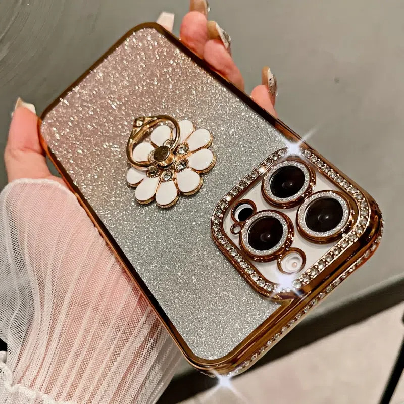 สําหรับ iPhone 16 Pro Max ชุบแฟลชเพชรกรอบเคสโทรศัพท์สําหรับ iPhone 11 12 13 14 15 16 Plus Glitter ผู้ถือขาตั้งฝาครอบ