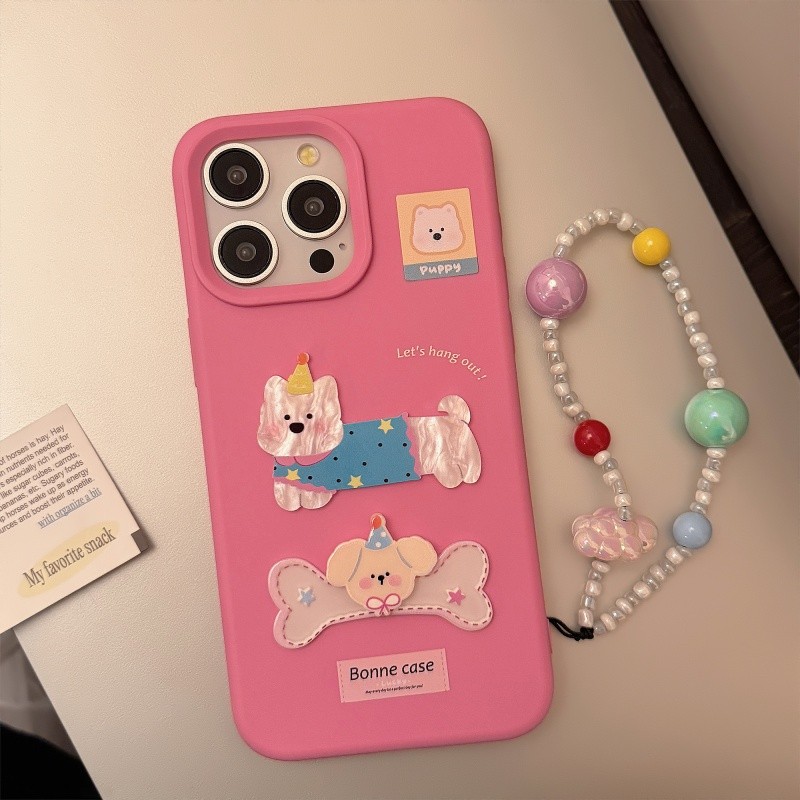 3D การ์ตูนสุนัขแพทช์กุหลาบสีแดงกรณีโทรศัพท์สำหรับ iPhone 12 13 14 15 16 PRO MAX ปลอกแขวนเชือกป้องกันการล่มสลายปกอ่อนสำหรับ iphone14กรณี
