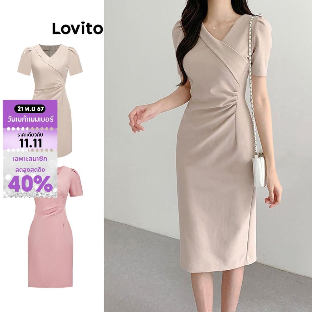 Lovito ชุดเดรสผู้หญิง แต่งจีบ สีพื้น สไตล์ลำลอง L80ED304(หลากสี)