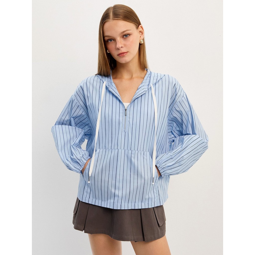 [Pomelo] เสื้อฮู้ดดี้ลายทาง / Pin Stripe Zipper Hoodie Jacket