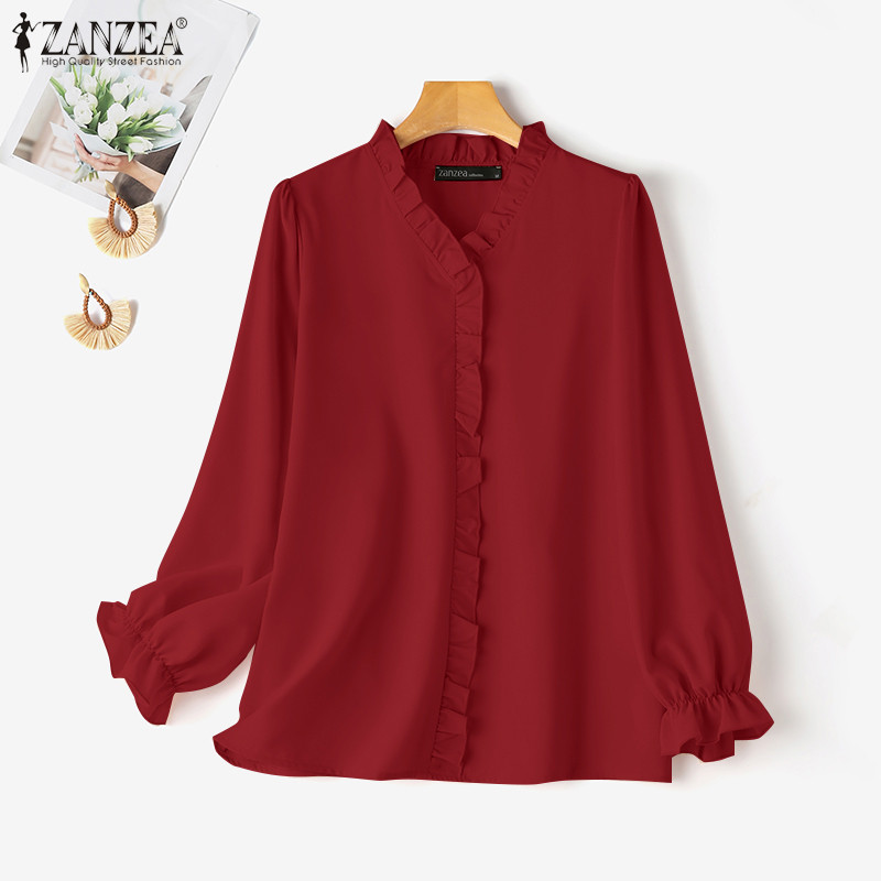 Zanzea เสื้อเบลาส์แขนยาวคอวีลําลองสําหรับผู้หญิงทุกวัน