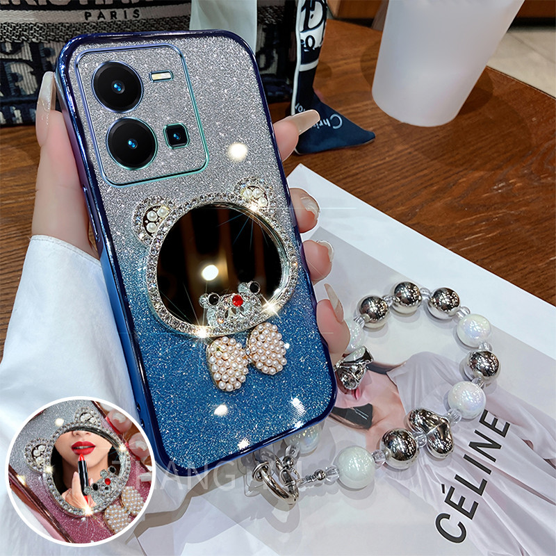 กันกระแทก case สําหรับ Vivo Y35 4G เคสโทรศัพท์หมีกระจกแต่งหน้าสร้อยข้อมือใหม่เคสโทรศัพท์ - รูปที่ 2