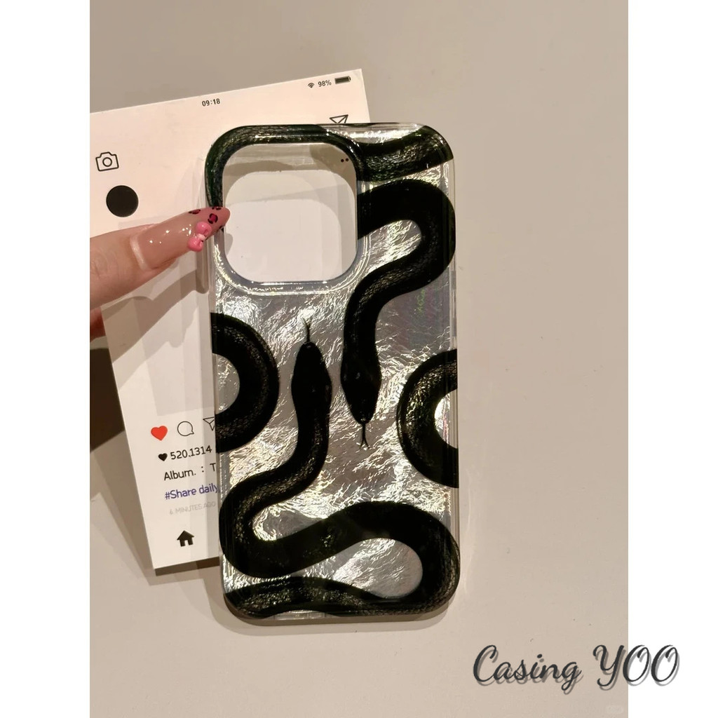 สําหรับ iPhone 11 12 13 14 15 16Pro Promax PLUS งูดำราชา case ใหม่เคสโทรศัพท์มือถือป้องกันการตกวัสดุด้ายหมุน Casing
