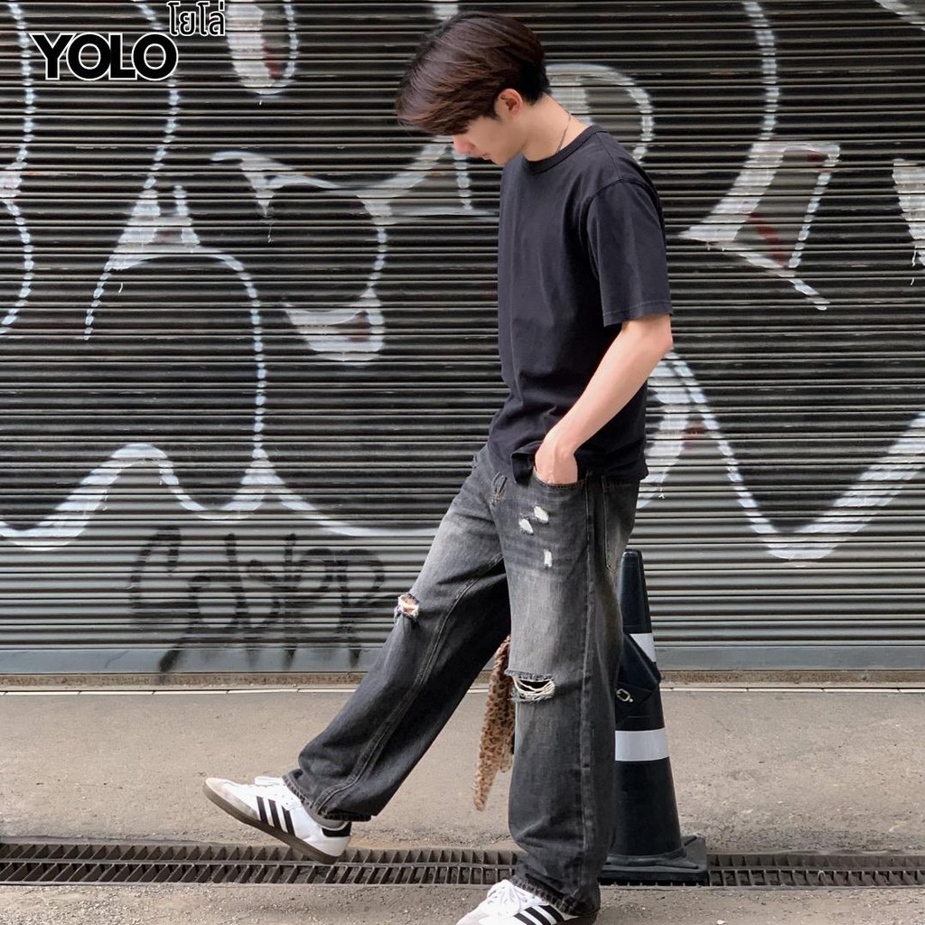 YOLO กางเกงยีนส์ขายาว OVERSIZE  กางเกงยีนส์ขายาวโอเวอร์ไซส์  สีฟอก ทรงกระบอก ผ้ายีนส์ NZK191