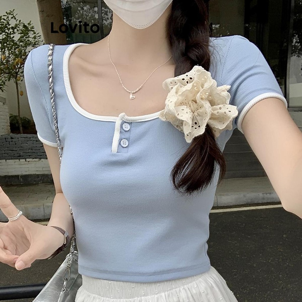 Lovito เสื้อยืดผู้หญิง แต่งขอบสี สีพื้น สไตล์ลำลอง LNE62071