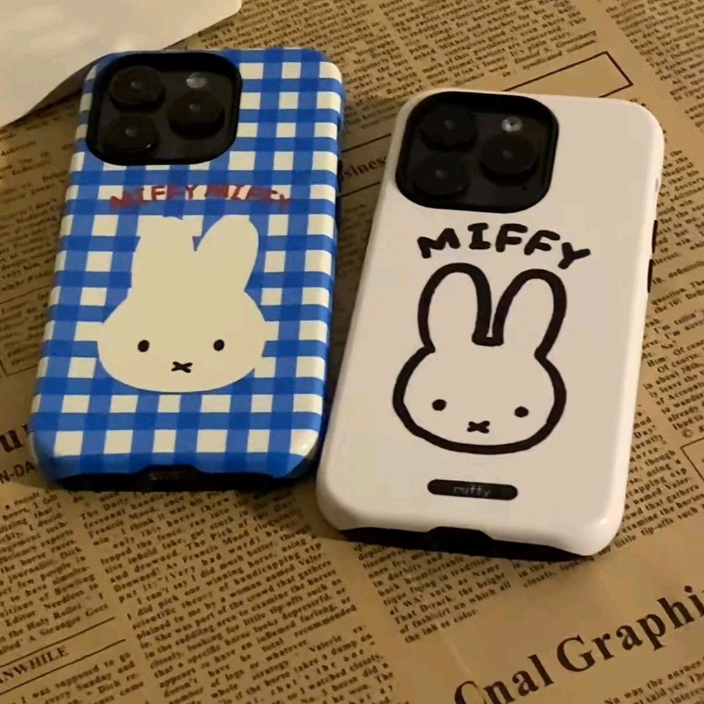 สีขาวสีฟ้าลายสก๊อต Miffy เคสโทรศัพท์เกาหลีเหมาะสําหรับ iPhone16 15 14 13 11 12Promax 11Promax 12Pro 14plus 15Promax JYN5
