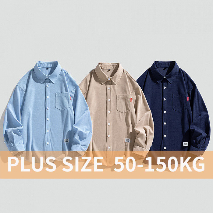 พลัสขนาดผู้ชายผ้าลูกฟูกแขนยาว Oversize เสื้อฤดูใบไม้ผลิผ้าฝ้ายสีทึบชุดลำลอง
