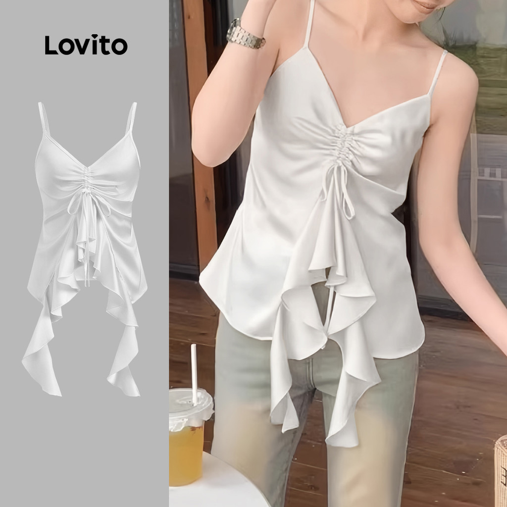Lovito เสื้อกล้ามจับจีบชายระบายแบบลำลองสำหรับผู้หญิง L125AD289