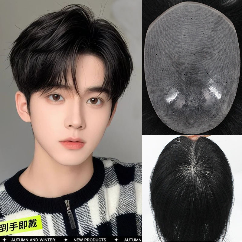 Fine ตัดบางผิว V-loop ผู้ชาย Toupee ผมตรงระบบ Pu Toupee Man วิกผม Hairpiece วิกผมชายธรรมชาติสีผมมนุษย์